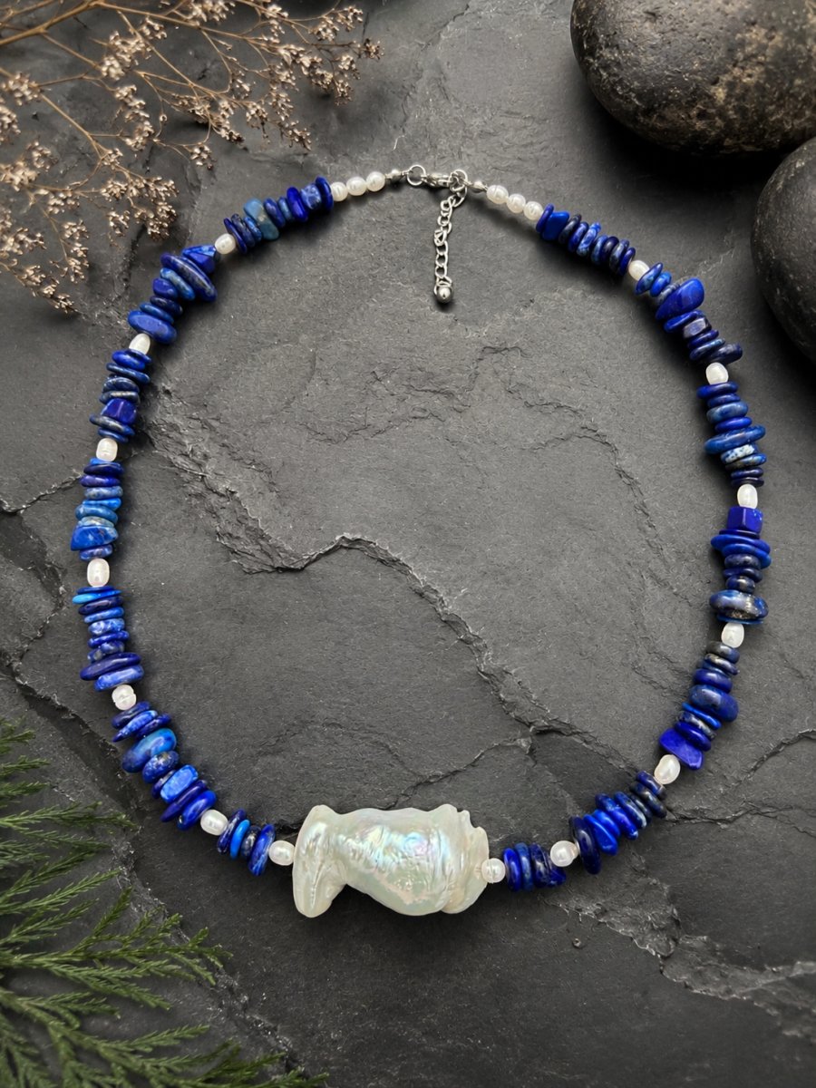 7A Kalite Lapis Lazuli Okyanus Barok İnci Kolye